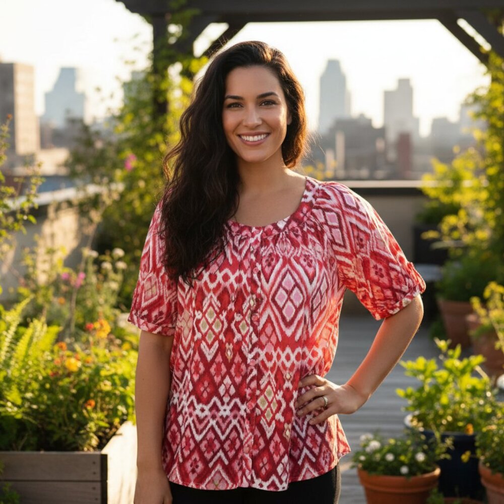 Lemon Grass M Top Pink Ikat SS Folk Artsy‎ Button Front Boho Chic Dopamine